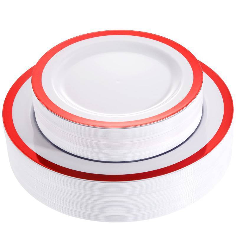 lot 866 image: 120PCS Red Plastic Plates White and Red Party Plates