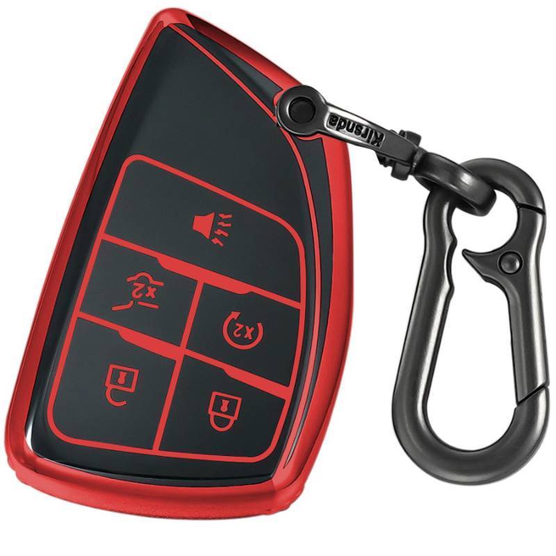 lot 976 image: key fob cover case with Metal buckle Compatible with 2021 2022 Suburban Tahoe Remote Key Vehicle Accessories Soft TPU Key ShellSkin,5-Buttons (red)