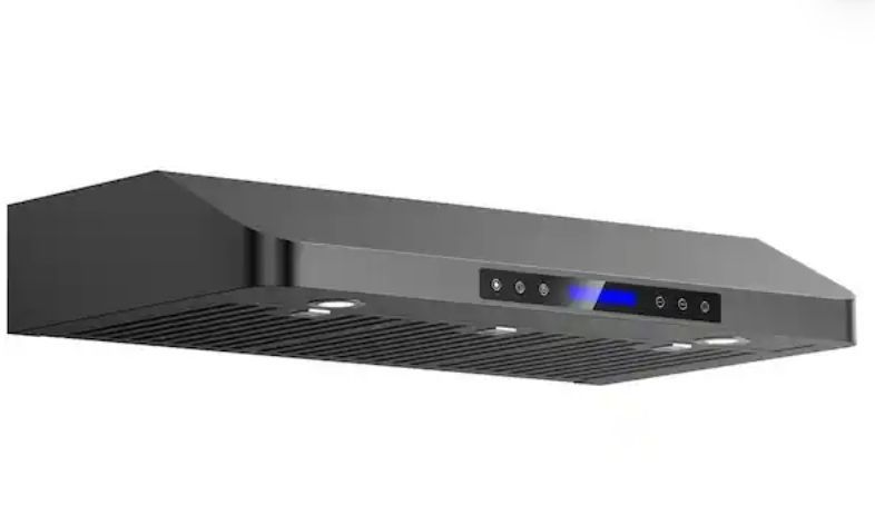 lot 2541 image: 42 in. 900 CFM Ducted Under Cabinet Range Hood with 3 Venting Options, Remote, Touch Control LCD in Black Steel - Retail $364