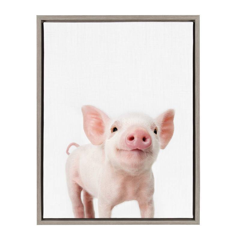 lot 4284 image: Kate and Laurel Sylvie Baby Piglet Animal Print Portrait Framed Canvas Wall Art by Amy Peterson, 18x24 Gray