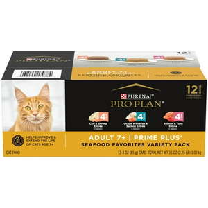 lot 4692 image: Purina Pro Plan Grain-Free Seafood Variety Senior Wet Cat Food Pate 3 oz Cans 12 Pack 2 Boxes (BEST BY JULY 2027)