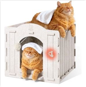 lot 6031 image: Apasiri Cat House Scratch-Resistant Indoor Warm Enclosed Felt Bed Cave with Hanging Ball Toy, No-Tool Assembly Hideaway for Anxious Cats & Kittens, 13.4x13.4x9.85 Inch Interior - Retail $16