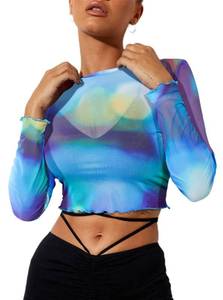 lot 9902 image: Womens Mesh Tops Long Sleeve Crop Top Crewneck Tie Dye Cropped T Shirt Colorful Blue Size Large