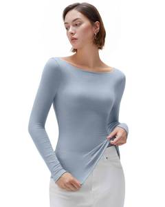 lot 4003 image: SUUKSESS Cloud Cashmere Women Boat Neck Fitted Long Sleeve Shirts Basic Knit Going Out Tops (Ash Blue, S)