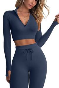 lot 4004 image: QINSEN Workout Sets for Women 2 Piece Seamless Long Sleeve Crop Tops Ribbed High Waist Leggings (M, Y118 Dark Blue)