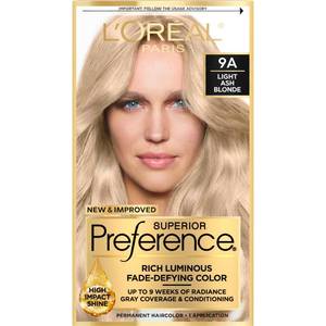 lot 4005 image: LOreal Paris Superior Preference Luminous Fade-Defying Permanent Hair Color, Hair Dye For Up to 9 Weeks of Radiance, Light Ash Blonde 9A, 1 Hair Dye Kit