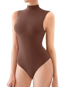 lot 4014 image: REORIA Womens Sexy High Neck Sleeveless Bodysuit Mock Turtleneck Basic Tank Tops Going Out Coffee Small