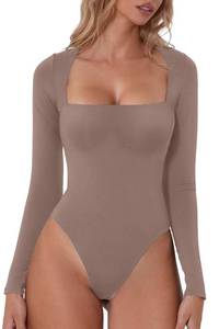 lot 4015 image: QINSEN Shapewear Bodysuit for Women Curved Shoulders Bodycon Long Sleeve T Shirt Tops Rose Taupe L