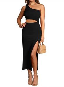 lot 4016 image: Pink Queen Womens Summer One Shoulder Sleeveless Cutout Side Slit Bodycon Midi Long Party Dress Black XS