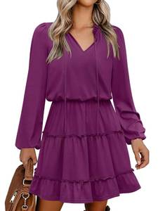 lot 4023 image: Caracilia Long Sleeve Dress for Women Fall 2025 Casual V Neck High Waist Tiered Ruffle Aline Swing Tunic Short Mini Dresses Small Deep Purple