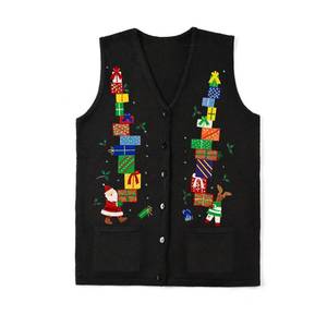 lot 4024 image: Women Christmas Sweater Vests Snowman Embroidery Sleeveless Button Cardigan Holiday Knit Tank Top Xmas Santa Claus Vest M, Black