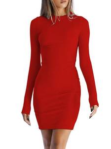 lot 4037 image: Dressmine Sexy Long Sleeve Bodycon Dress Women Trendy Cocktail Party Mini Dresses 2026 Fashion Fall Ribbed Knit Midi Dress Red,S
