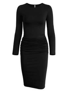 lot 4043 image: Missufe Ruched Knee Length Bodycon Dress Womens Long Sleeve Casual Sheath Sundress (Black, Medium)