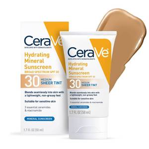 lot 4055 image: CeraVe Hydrating Mineral Sunscreen SPF 30 with Sheer Tint, Tinted Mineral Sunscreen with Zinc Oxide & Titanium Dioxide, Blends Seamlessly For Healthy Glow, Medium, 1.7 Fluid Ounce