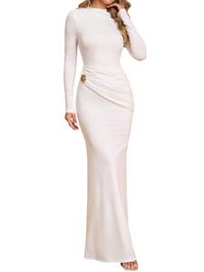 lot 4079 image: URYIAO Womens Long Sleeve Ruched Bodycon Maxi Dress Fall Winter Formal Elegant Cocktail Party Dresses XS White