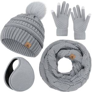 lot 4080 image: Winter Hat Scarf Gloves and Ear Warmer, Warm Knit Beanie Hat Touch Screen Gloves Set Winter Gifts Neck Scarves for Women Light Gray