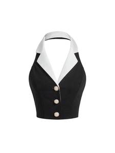 lot 4097 image: BEAUDRM Womens Colorblock Sleeveless Turndown V Neck Collar Button Front Backless Slim Fit Crop Halter Top Tank Top Cropper Black Small