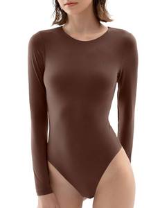 lot 4099 image: PUMIEY Long Sleeve Bodysuit For Women Sexy Crew Neck Tops Brown Body Suits Womens Fashion Bodysuits Tiramisu Large