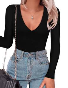 lot 4113 image: SAUNGKUAI Womens Plunge Deep V Neck Long Sleeve Bodysuit Double Lined Thong Body Suit Shirt Tops Black M