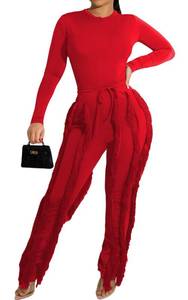 lot 4114 image: EDITCOZY Women Sexy Two Piece Outfits Fringe Pants Set Long Sleeve Club 2 Piece Sets Going Out Birthday Party Night Red L