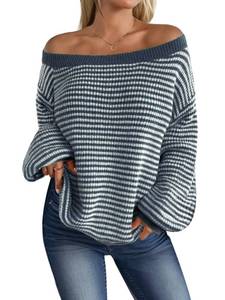 lot 4131 image: MARZXIN Womens 2026 Fall Long Sleeve Sweaters Casual Loose Striped Off Shoulder Casual Oversized Knitted Sweater Pullovers Color98 S