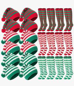 lot 4139 image: 24 Pcs Christmas Winter Knitted Hats with Pompom Socks Set for Adults Christmas Costume Accessories Red and Green Xmas Beanie Striped Winter Socks Bulk for Women Men