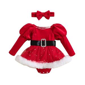 lot 4148 image: YINGISFITM My First Christmas Baby Girl Outfit Newborn Furry Santa Outfit Cute Red Christmas Dress Romper Xmas Clothes (Santa Xmas dress, 6-12 Months)