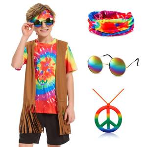 lot 4156 image: kooirsp 70s Outfits for Kids Boys 5 Pcs Hippie Costume Accessories Set Fringe Vest Kids Tie Dye Shirt for Halloween 6-8 Years, M