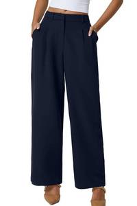 lot 4165 image: QINSEN Wide Leg Dress Pants for Women High Waisted Wrinkle Free Work Pants with Pockets Casual Slack Navy Blue M (28.5 Inseam)