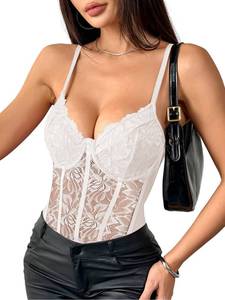 lot 1802 image: Lilosy Sexy Corset Top Floral Lace Mesh Sheer Lingerie Bodysuit Bustier Cami Outfits See Through Concert Going Out One Piece Women White Small