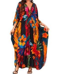 lot 1808 image: MAKABO Womens Kaftan Dresses,  Colorful Floral Print Cover Ups Caftan Beach Dresses, LXL