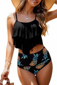 lot 1831 image: Womens High Waisted Bathing Suits Flounce Halter Tank Top Bikini Bottoms Tummy Control Modest Swimwear Two Piece Swimsuits Tankini Black Pineapple, Small