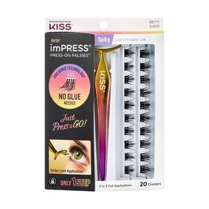 lot 1841 image: KISS imPRESS Falsies Press On Self Adhesive Eyelashes, 12mm-14mm Glam Volume Press On Lashes, Black, No Glue Needed, Invisible Band, 20 Lash Clusters & Non-Stick Applicator - Spiky
