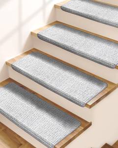 lot 1842 image: Bullnose Stair Treads for Wooden Steps 14 Pcs Washable Non Slip Stair Ruuner Peel and Stick Adhesive Indoor Step Covers Staircase Protector 29.5x9.5x1.5 Grey and White, Retail $120