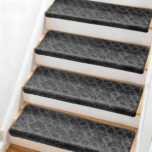 lot 1846 image: Bullnose Carpet Stair Treads, Stairs Carpet Non Slip 4 Pack, Stair Step Rugs 30x9.5x1.7, Soft, Reusable, Peel and Stick Stair Treads for Wooden Steps Indoor (Grey, Diamond Pattern), Retail $120