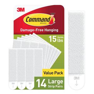lot 1850 image: Command Large Picture Hanging Strips, White, Holds up to 16 lbs, 14-Pairs, Easy to Open Packaging
