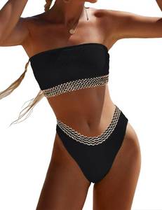 lot 1869 image: YIMISAN Womens Two Piece Bandeau Swimsuit Ribbed Strapless Tube Bikini Top with Mid Waist Cheeky Bottom Bathing Suit