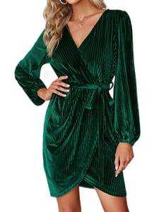 lot 1880 image: BerryGo Womens Long Sleeve Wrap Semi Formal Velvet Mini Dress Sexy Cocktail Party Winter Prom Dress Emerald Green XL
