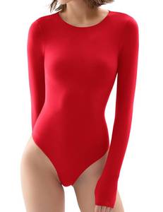 lot 1881 image: PUMIEY Long Sleeve Bodysuit For Women Sexy Crew Neck Tops Body Suits Womens Fashion Red Bodysuits Ruby Medium