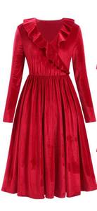 lot 1885 image: Mommy and Me Christmas Dresses V Neck Solid Color Green Red Dark Blue Velvet Ruffle Dress Long Sleeve Fall Winter Xmas Holiday Party Burgundy Mom Daughter Matching Outfits Red S