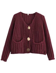 lot 4303 image: Zhiyouni Womens Cropped Cardigan Sweater Long Sleeves Button Down Chunky Knitted Coat(WineRed-M)