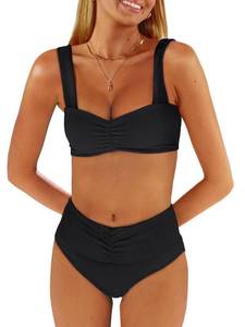 lot 4307 image: ANRABESS Bathing Suit for Women Tummy Control Bikini Set 2026 Beach Front Ruched Mid Waist Swimsuit with Adjustable Straps Black Medium