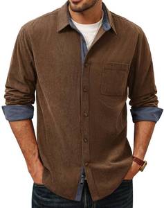 lot 4309 image: PJ PAUL JONES Mens Corduroy Button Up Shirt, Long Sleeve Wrinkle Free Untucked Shirts for Men with Pocket Regular Fit Brown, XL
