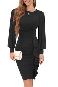 lot 4310 image: IHOT Wedding Guest Dresses for Women Mesh Long Lantern Sleeve Ruched Bodycon Midi Dress Elegant Cocktail Party Club Funeral Church Work Pencil Dresses Black Medium