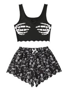lot 4319 image: WDIRARA Womens Plus Size Sleepwear Cute Cartoon Print Scalloped Tank Top and Shorts Pajama Set Black and White 3XL
