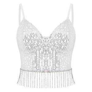 lot 4321 image: Erinaco Womens Sexy Sequins Crop Top Sparkle Diamond Fringe Spaghetti Strap Tank Top Slim Fit Camisole Vest Silver, Medium
