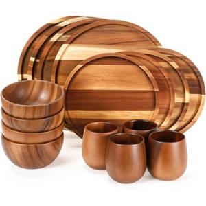 lot 4332 image: Maxdot 16 Pcs Acacia Wood Dinnerware Set, Round Wooden Plates,Solid Wooden Bowls and Tea Cups, Acacia Wood Tableware Supplies, Easy Cleaning & Lightweight for Dishes Snack, Dessert, Set for 4 Retail $80
