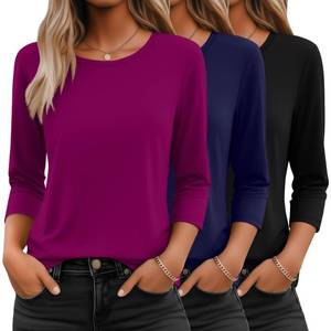 lot 4338 image: Ficerd 3 Pack 34 Sleeve Tops for Women Round Neck Dressy Basics Tees Casual Trendy Loose Fit T Shirts(Black,Navy Blue,Fuchsia,Small)