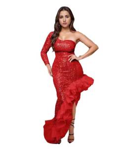 lot 4370 image: Jigfar Womens Sexy Elegant One Shoulder Sequins Mesh Irregular Hem Birthday Party Bodycon Maxi Dress(FK3115,Red,L)