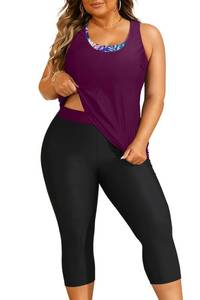 lot 4394 image: Yonique 3 Piece Plus Size Swimsuits for Women Tankini Tops with Sports Bra and Swim Capris Athletic Bathing Suits Purple Floral 22 Plus